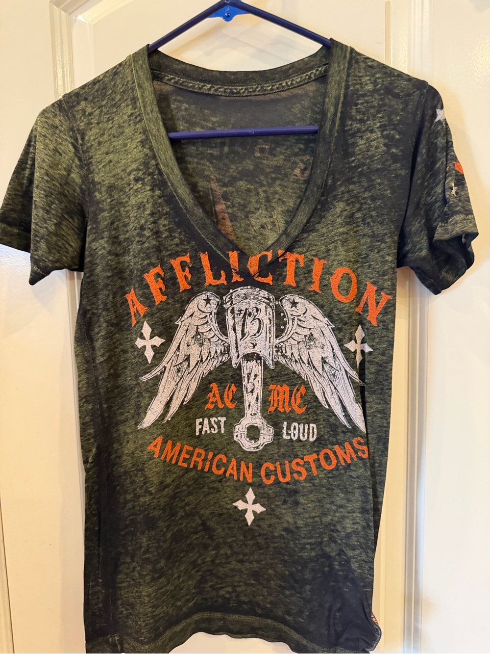 Affliction Olive Green Short Sleeve V-neck Tshirt Orange White studded Small